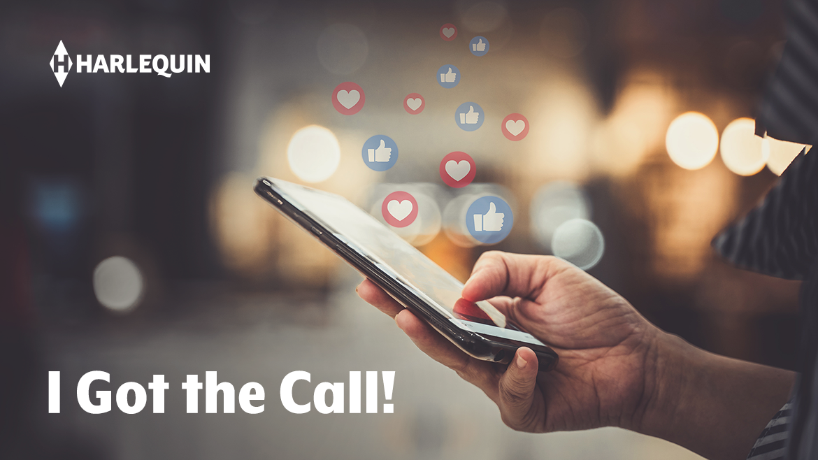 Two hands holding a cell phone with small heart and thumbs up emojis floating above them. The Harlequin logo is visible in the top left. Text at the bottom left of the image reads
