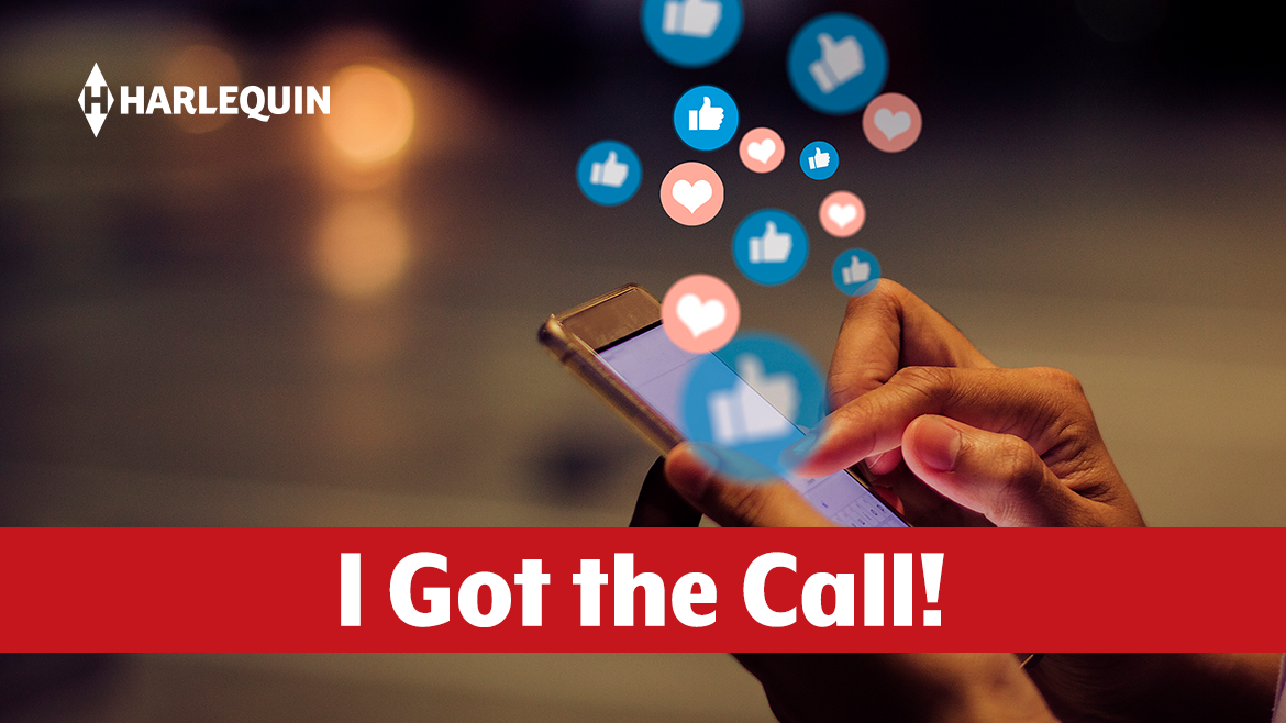Two hands holding a cell phone with small heart and thumbs up emojis floating above them. The Harlequin logo is visible in the top left. A banner across the image at the bottom reads